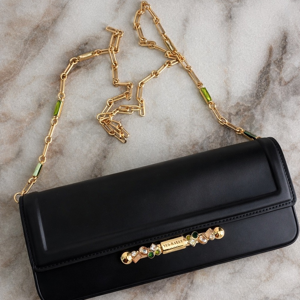 Ted Baker Mia Leather Clutch Bag Black Jewel Clasp Gold Chain🖤